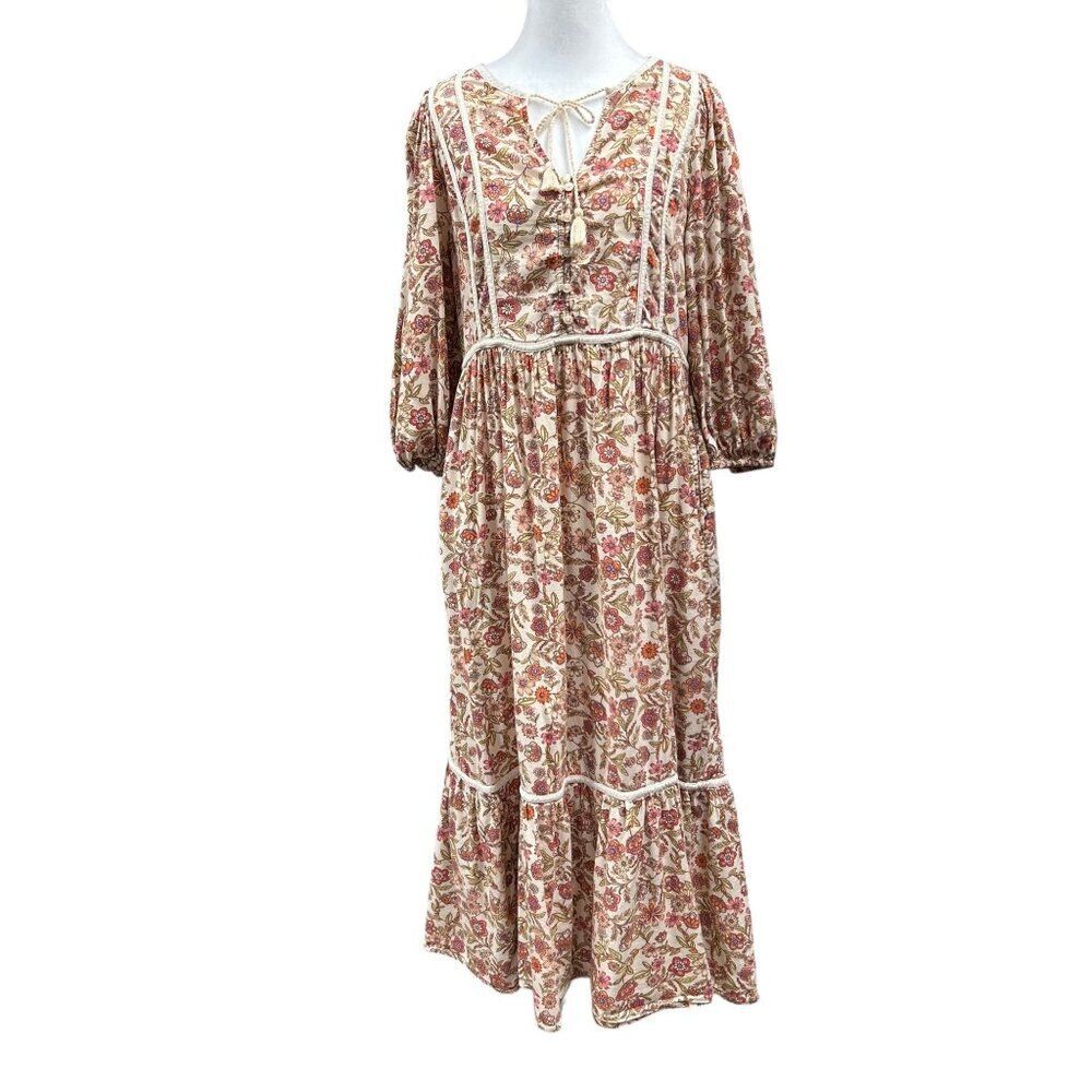 Old Navy Floral 3/4-Sleeve Tie-Neck Maxi Swing Dress Wallflowers Cottage Sz M